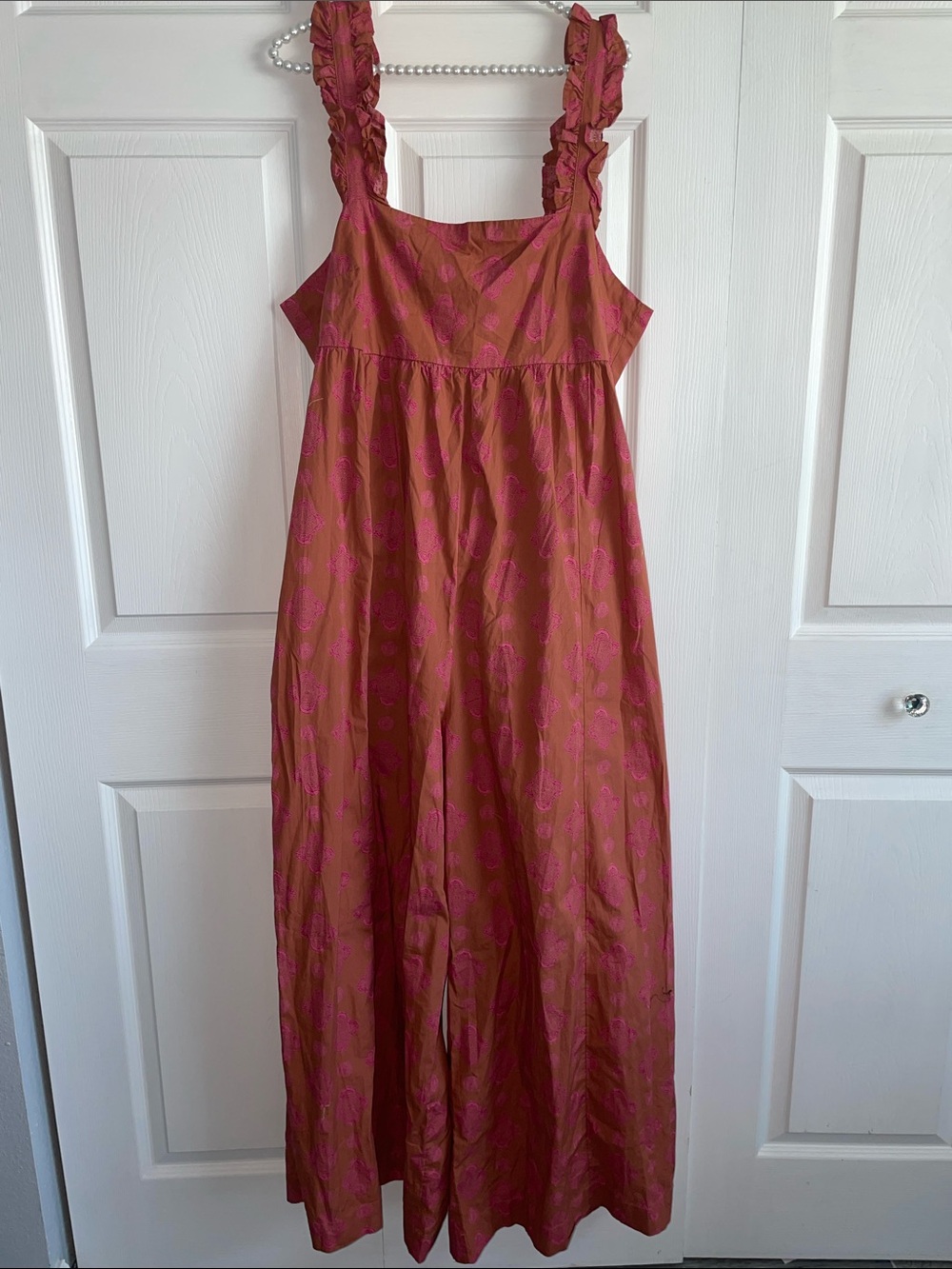 Katya Rusty Rose Print Ruffled Tie-Back Wide-Leg Jumpsuit size Large oversized